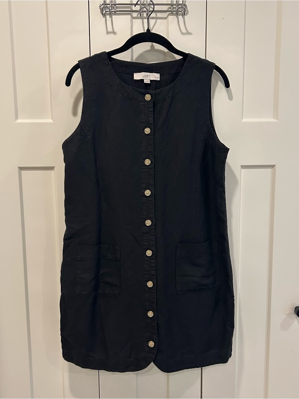 LOFT Linen Black Sleeveless Button-Front Shift Dress with Patch Pockets size 10P